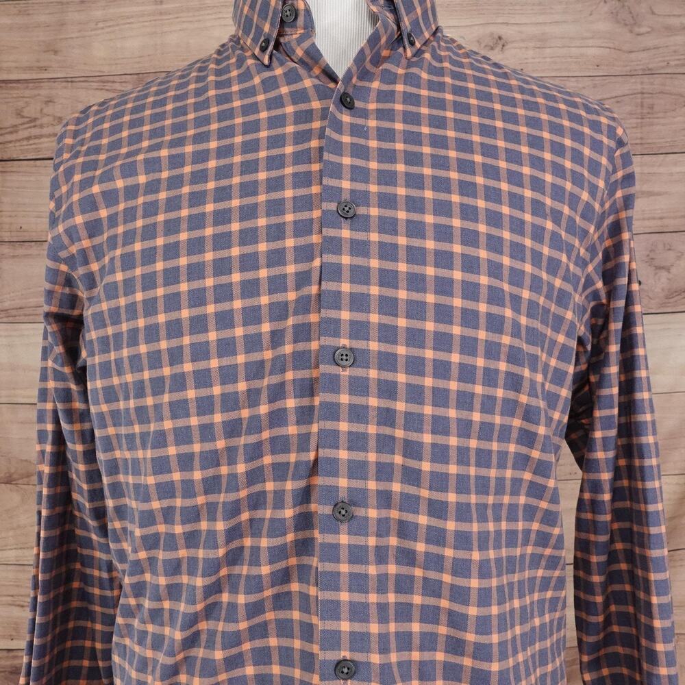 Men's Casual Button Down Shirt - Blue and Orange Plaid